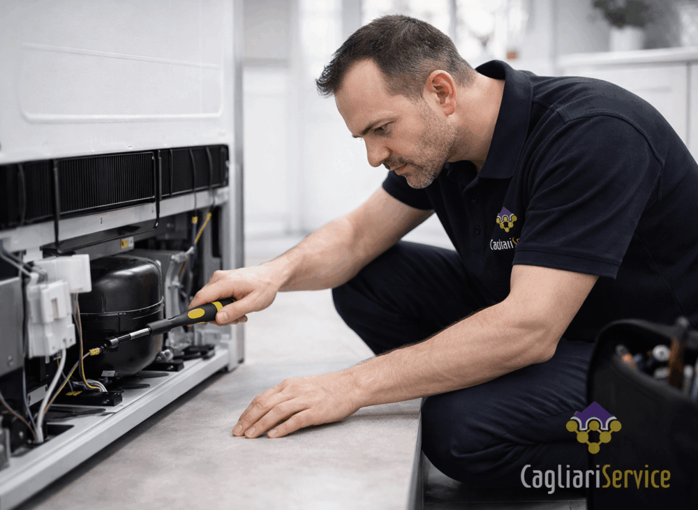 Tecnico Cagliari Service durante la riparazione di un frigorifero nel laboratorio di assistenza elettrodomestici a Cagliari