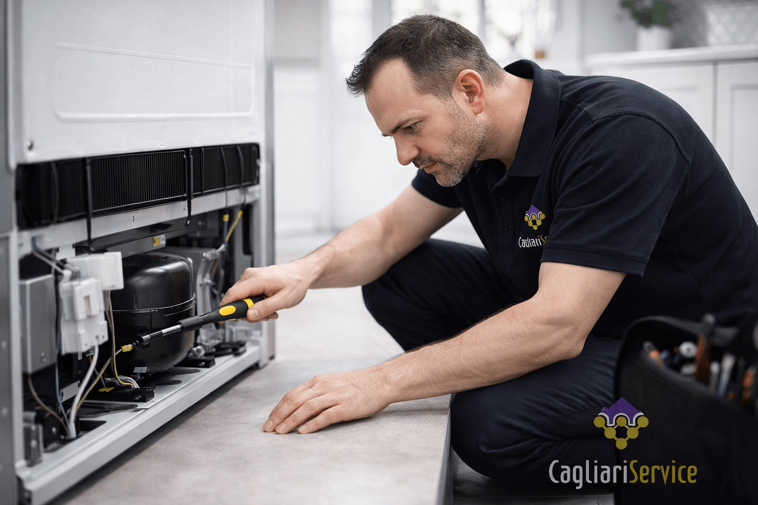 Tecnico Cagliari Service durante la riparazione di un frigorifero nel laboratorio di assistenza elettrodomestici a Cagliari