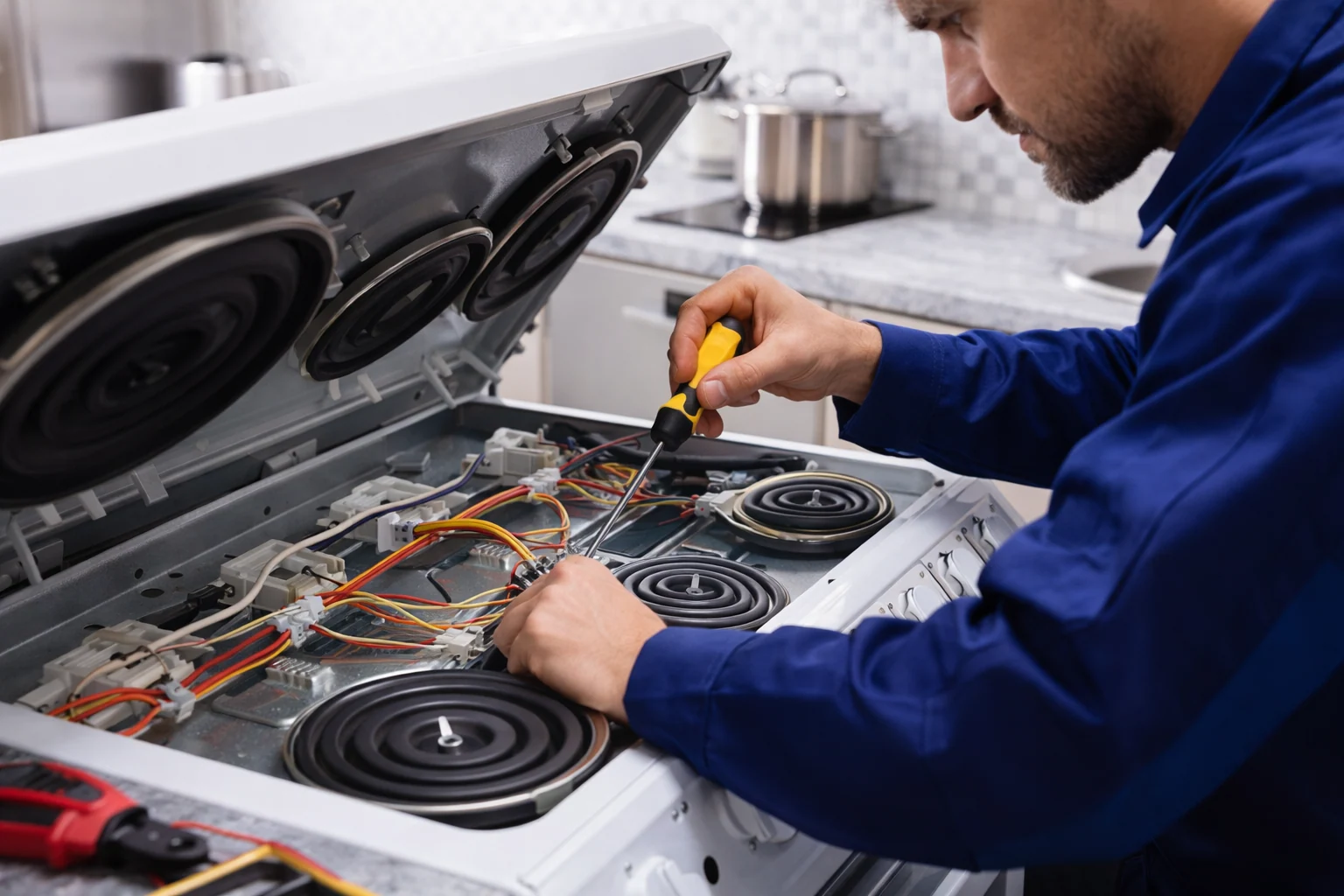 Tecnico mentre ripara una cucina a induzione